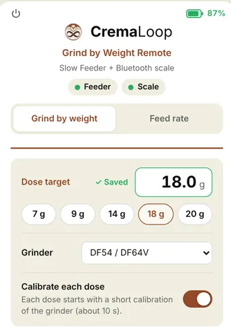 Phone page: dose target set to 18 g and saved, grinder selected, Calibrate each dose switched on